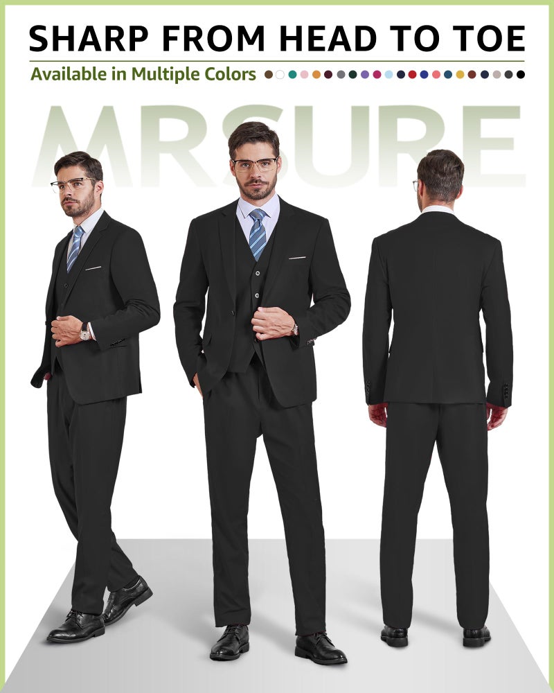 MrSure Men's 3 Piece Suit Blazer, Slim Fit Tux with One Button, Jacket Vest Pants & Tie Set for Party, Wedding and Business Black - Image 2